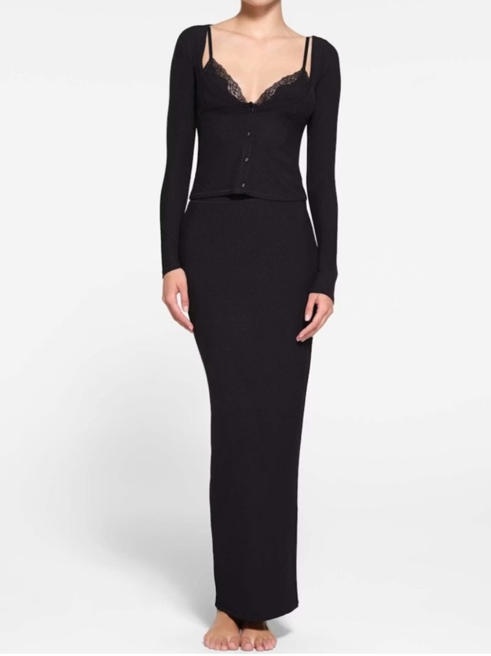 SKIMS Black Ribbed Maxi Skirt